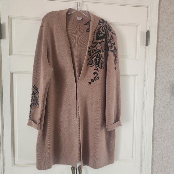 Chicos Long Cardigan Floral Embroidered Knit Sweater Jacket Tan .New No Tag - Picture 3 of 7